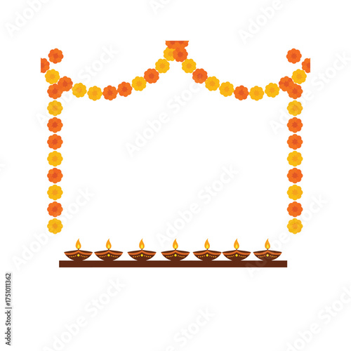 Vibrant Deepavali Diwali Festival Decor Frame with Marigold Flowers and Traditional Lit Diya Lamps Design