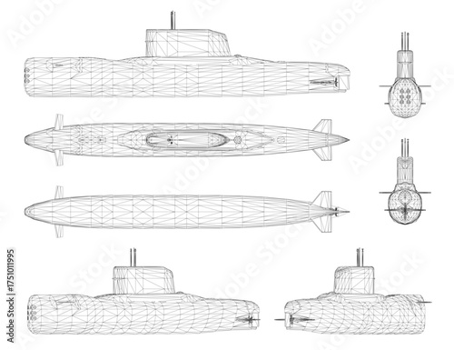 Low poly submarine wireframe blueprint with detailed hull, fins, and intricate vector design on a white background.
