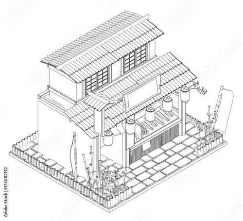 Traditional Japanese restaurant building with a tiled roof and contour line drawing style, surrounded by plants on a clean white background. Isometric view