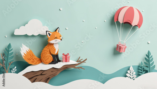 Pastel paper cut, animal paper art for festive Christmas decoration holiday. A whimsical fox sits on a snowy branch, with a parachute delivering a gift in a playful, illustrated winter scene.