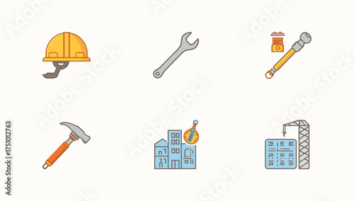 Construction Tools and Building Icons Set, Flat Vector Illustration