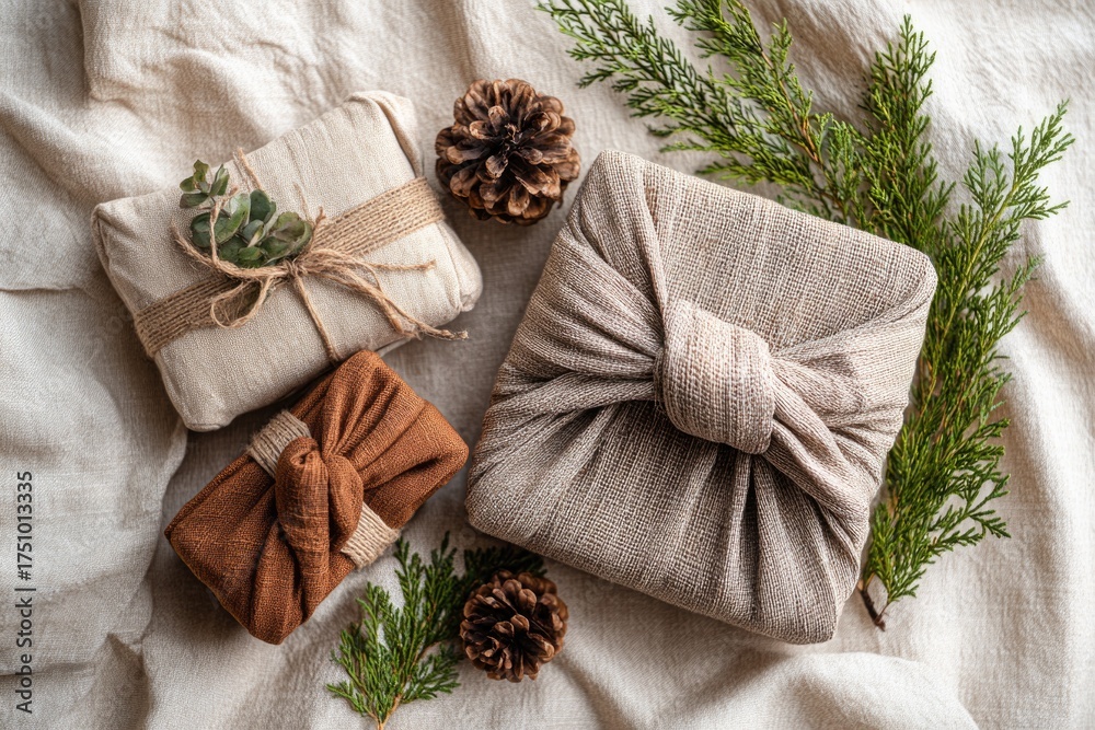 Fototapeta premium Elegant gifts wrapped in natural fabrics surrounded by greenery