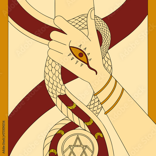 Mystical hand and serpent artwork featuring an eye and geometric patterns mystical