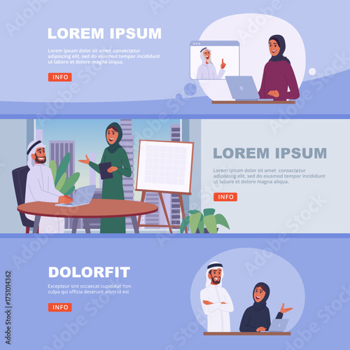 Arab business. muslim business meeting. vector horizontal banners