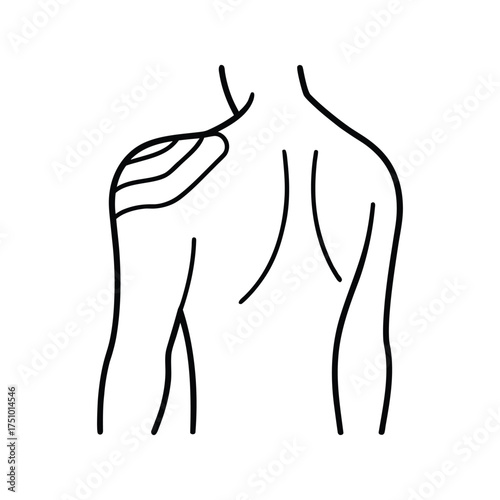 Illustration of a persons back with kinesiology tape applied to the shoulder, black and white vector drawing