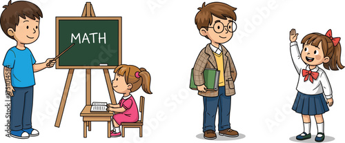 Cartoon children in math classroom, teacher with book, chalkboard learning, student participation, educational setting, school activity, creative illustration, teamwork