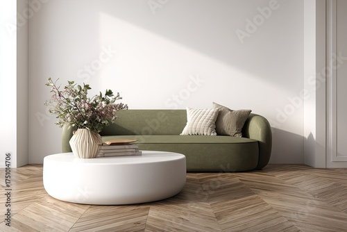 Minimalist living room with olive green sofa, white coffee table, floral arrangement, and herringbone wood floors, bathed in soft sunlight