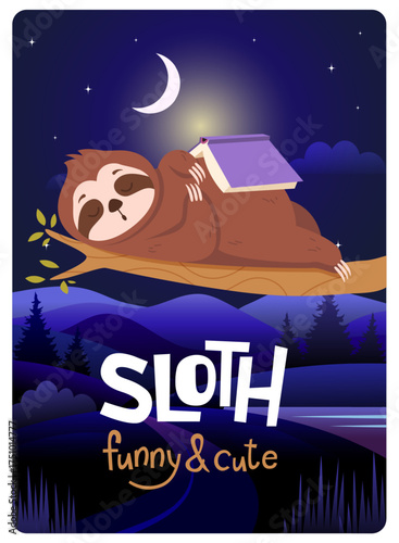 Sleeping sloth. background with cute sloth with book. lazy concept