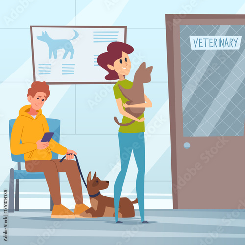 Veterinary. pet owners in vet clinic. vector concept background for animals care