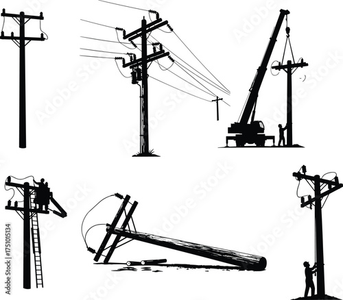 Flat vector illustration of utility poles, broken electric posts, power lines, cracked wood poles, silhouette infrastructure, electricity transmission in black.
