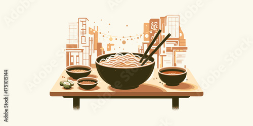 Illustration of a bowl of noodles with chopsticks, served with small dishes on a wooden table