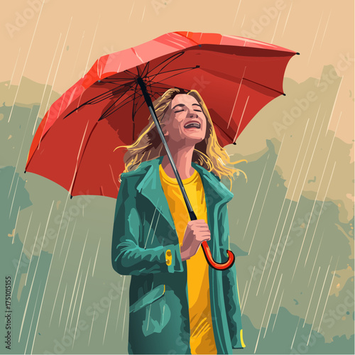 Eine lachende blonde Frau im Regen mit rotem Regenschirm