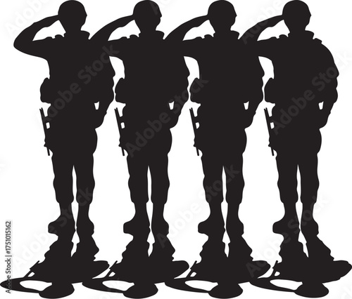 Four soldiers salute in formation, ready for duty