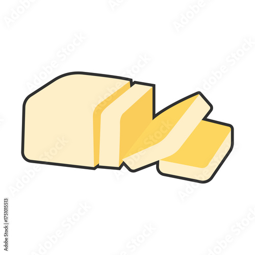 Vector yellow butter bar with slices on white porcelain plate, organic farm nutrition. Fresh dairy milk product. Creamy healthy piece of tasty briquette.
