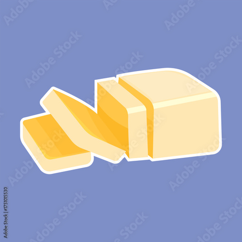 Vector yellow butter bar with slices on white porcelain plate, organic farm nutrition. Fresh dairy milk product. Creamy healthy piece of tasty briquette.