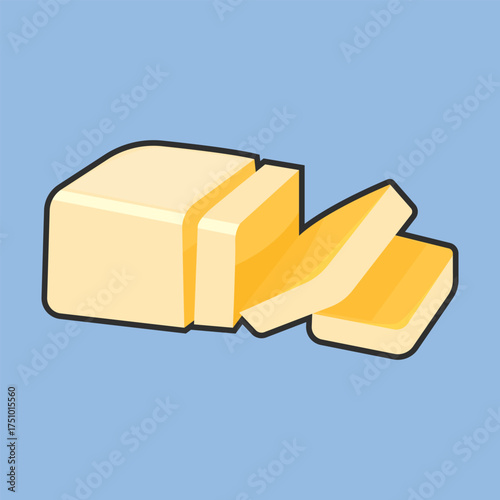 Vector yellow butter bar with slices on white porcelain plate, organic farm nutrition. Fresh dairy milk product. Creamy healthy piece of tasty briquette.
