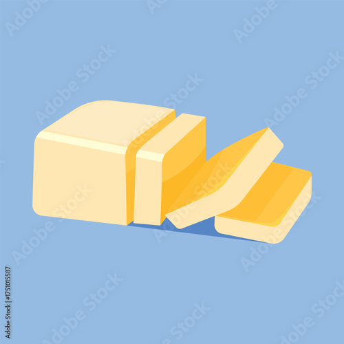 Vector yellow butter bar with slices on white porcelain plate, organic farm nutrition. Fresh dairy milk product. Creamy healthy piece of tasty briquette.