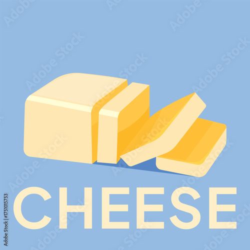 Vector yellow cheese bar with slices on white porcelain plate, organic farm nutrition. Fresh dairy milk product. Creamy healthy piece of tasty briquette.