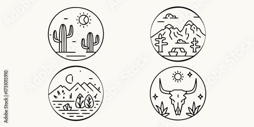 Set of four circular line art illustrations depicting desert and mountain landscapes with iconic western elements
