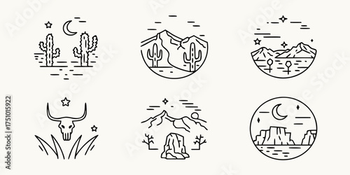 Collection of minimalist line art icons representing desert landscapes and iconic western elements