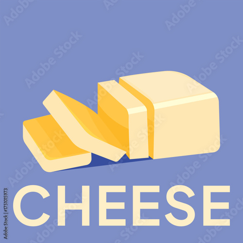 Vector yellow cheese bar with slices on white porcelain plate, organic farm nutrition. Fresh dairy milk product. Creamy healthy piece of tasty briquette.