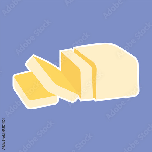 Vector yellow butter bar with slices on white porcelain plate, organic farm nutrition. Fresh dairy milk product. Creamy healthy piece of tasty briquette.