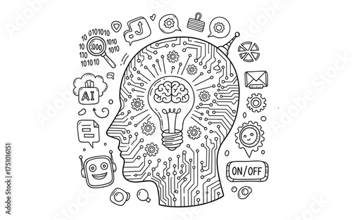 Hand Drawn Doodle Concept of Artificial Intelligence and Machine Learning. Outline Sketch Vector with Human Head, Circuit Board, Brain Light Bulb, and Technology Icons. AI and Innovation Graphic Desig