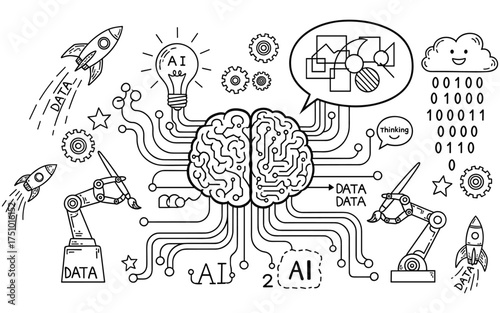 Hand Drawn Doodle Artificial Intelligence Brain Network Vector Illustration. Outline Sketch of Human Brain Connected with Robotic Arms, Rockets, Light Bulb, and Data Clouds. AI Technology and Innovati