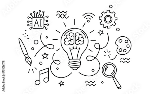 Hand Drawn Doodle Creative Idea Concept Vector Illustration. Outline Sketch of Light Bulb with Brain, AI Chip, Paint Palette, and Magnifying Glass. Graphic Design for Art, Innovation, and Technology.
