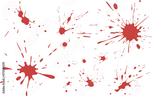 Red liquid splash on white background creating abstract artistic pattern, realistic paint or wine splatter texture for creative graphic design