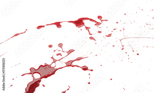 Red liquid splash on white background creating abstract artistic pattern, realistic paint or wine splatter texture for creative graphic design