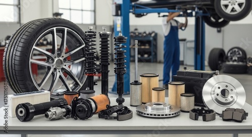 A variety of automotive parts and accessories on a table in a workshop setting.