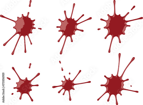 Set of six red liquid splashes isolated on white background, realistic paint or wine stains for creative graphic design projects