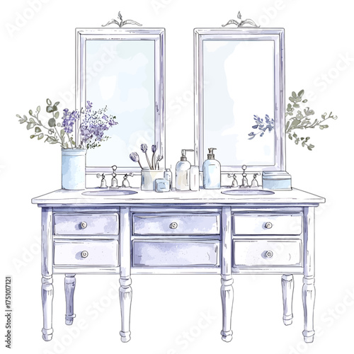 Watercolor Elegant Bathroom Vanity with Double Sinks and Mirrors
