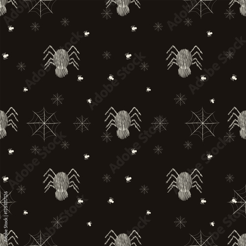 Seamless Halloween spider pattern with spooky spiderwebs on black background. Great for fabric prints, wrapping paper, party decor, invitations, and seasonal digital designs.