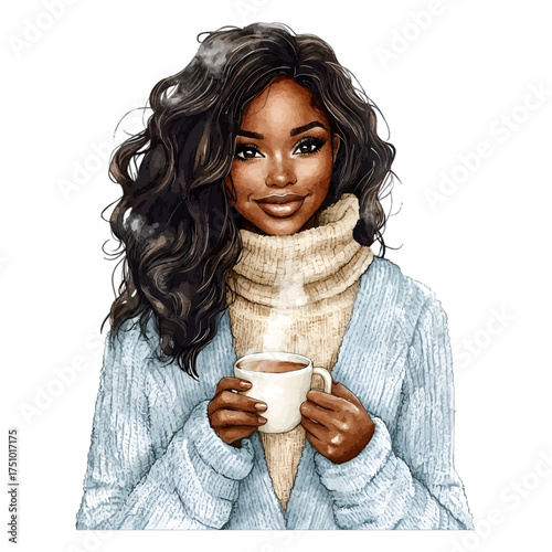 Cozy Watercolor Portrait of a Black Woman with a Coffee Cup
