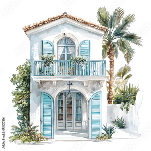 Watercolor Mediterranean Villa with Blue Shutters and Palm Tree
