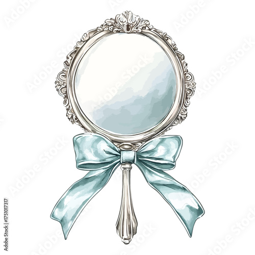 Elegant Watercolor Vintage Hand Mirror with Turquoise Bow
