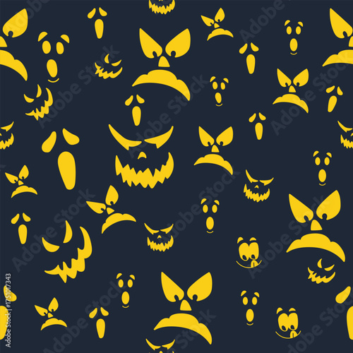 Seamless Halloween pattern with cute and spooky yellow pumpkin faces on dark background. Perfect for fabric, wrapping paper, party decor, digital prints, and seasonal crafts.