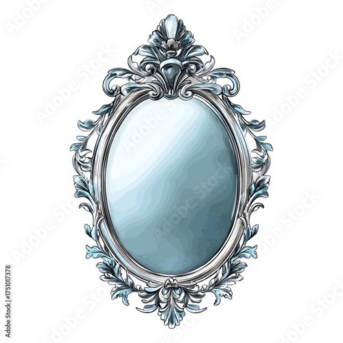 Elegant Watercolor Vintage Ornate Silver Mirror
