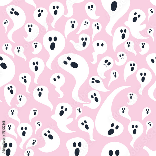 Cute seamless ghost pattern on pink background. Playful Halloween design with various ghost expressions. Perfect for kids’ products, fabric, wallpaper, and wrapping paper.