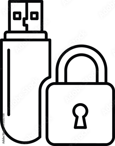 Illustration of outline icon of a usb flash drive and a padlock isolated on white background