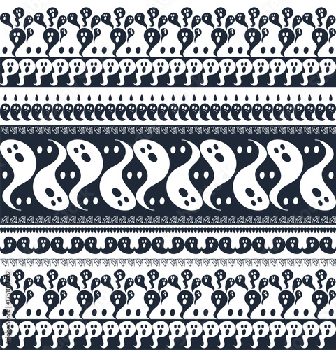 Seamless black and white Halloween ghost pattern. Cute spooky ghost characters in stripes, perfect for fabric, wallpaper, wrapping paper, and Halloween decoration