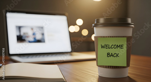 Welcome Back to the Office Productive Workspace Ready for Employees Coffee Laptop and Positive Vibes Creating a Motivating Work Environment for Returning Staff