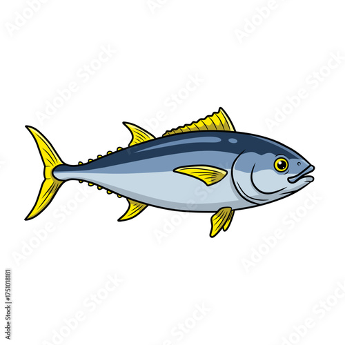 Colorful illustration of yellowfin tuna fish with realistic details, suitable for seafood restaurant branding, fishing poster, or marine biology educational design