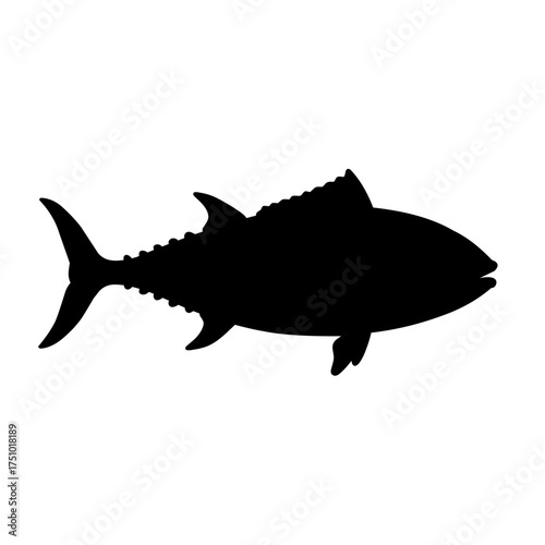 Black silhouette of tuna fish isolated on white background, perfect for logo design, label, or marine life graphic illustration in clean vector style