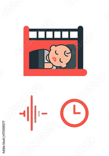 Flat Vector Illustration of Sleeping Baby With Sound and Time Icons
