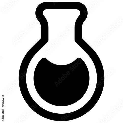 Round-bottom flask. Outlined stroke vector icon with black-filled details.