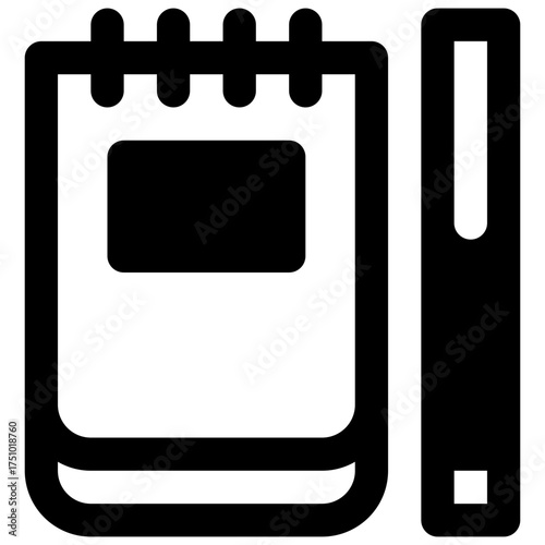 Notebook. Outlined stroke vector icon with black-filled details.