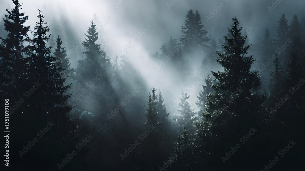 Fototapeta premium Misty pine forest with dramatic sunbeams piercing through the dense fog creating a moody and mysterious atmosphere